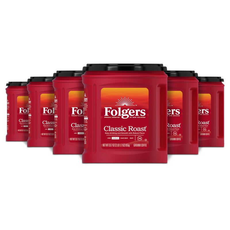 Folgers Classic Roast Medium Roast Ground Coffee, 33.7 Ounces (Pack of 6) - Image 1